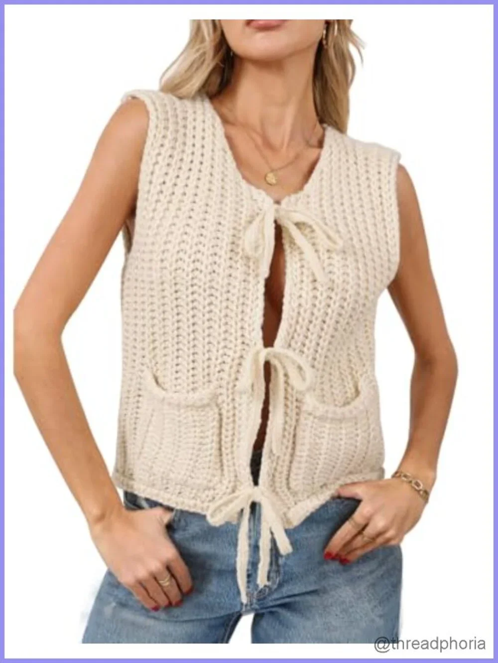 Crochet Knit Cardigan Sweater Vest Sleeveless with Bows Pockets